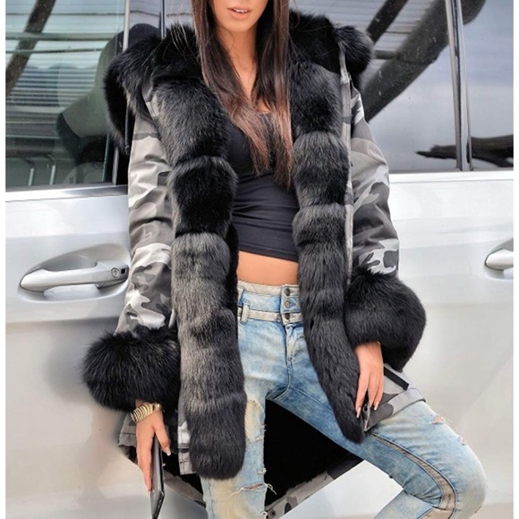 Jackets & Blazers - Faux Fur Hooded Camo Utility Jacket Winter Coat